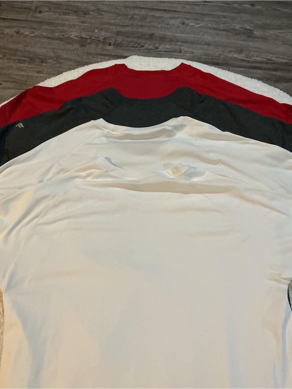 Lot of 4 Fabletics Menβs Training Day Short Sleeve Tee in Red, Charcoal & White